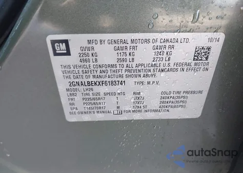 2015 Chevrolet Equinox 1Lt from USA, damaged, VIN 2GNALBEKXF6183741